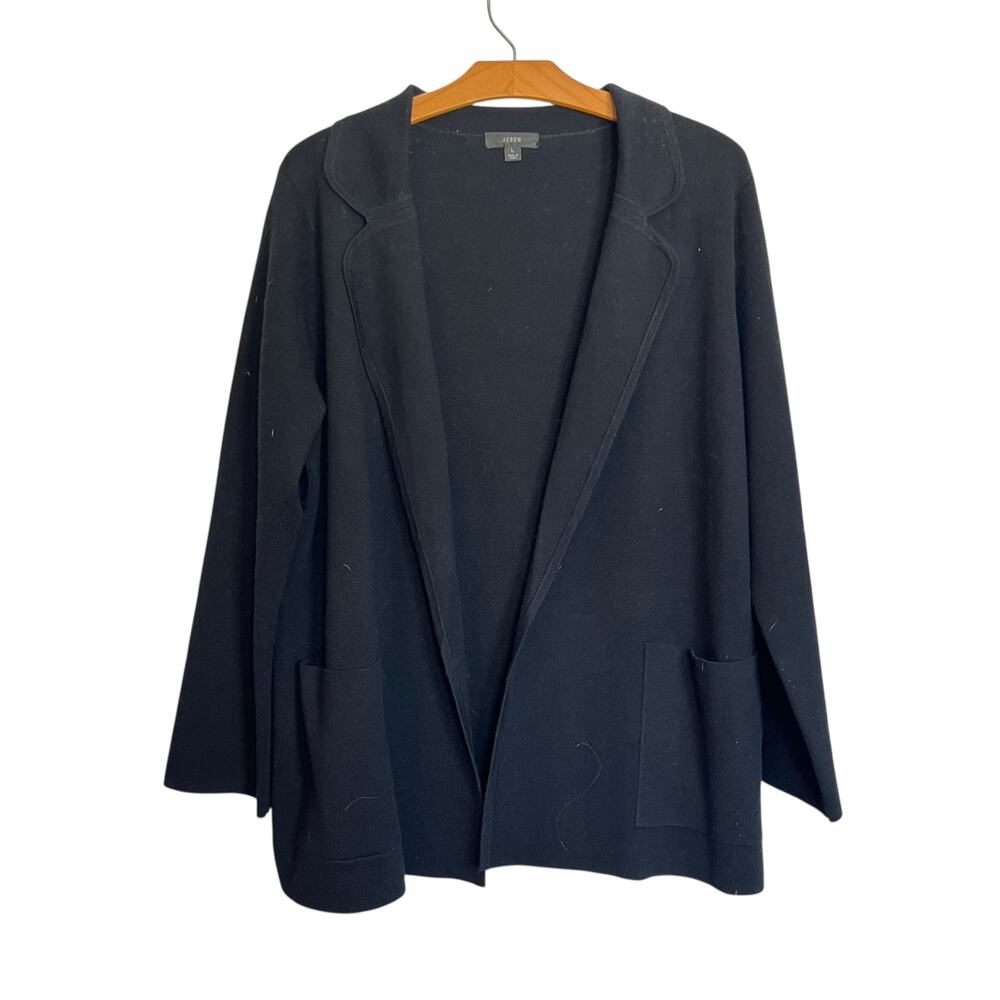 J.Crew Eloise Sweater-Blazer Black Cardigan Open Front Pockets Merino Wool Blend